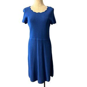 Talbots Dress PM Petite Medium Blue Cotton Short Sleeve Washable Scalloped